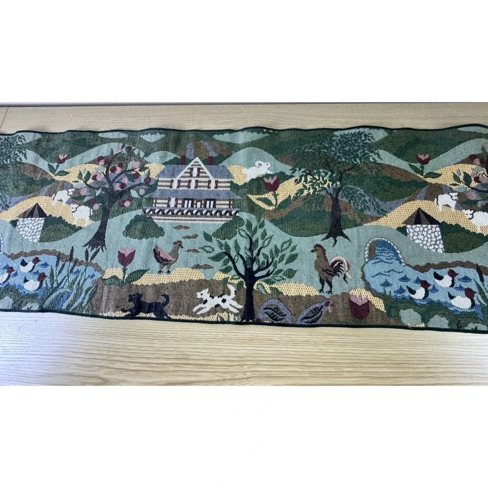 Green Tapestry Table Runner Fringed Tasseled Farm Life Animals Country 3 Pc
